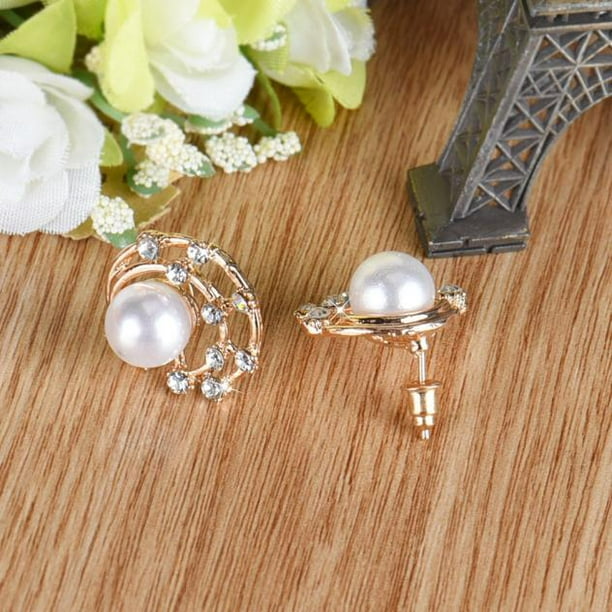New Fashion Women Elegant Crystal Rhinestone Pearl Ear Stud Earrings Jewelry 